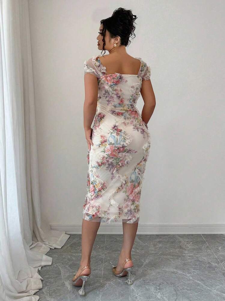 Elenzga Vestido midi con cintura fruncida, elegante y romántico con estampado floral aleatorio para mujer de talla grande, adecuado para bodas, fiestas, citas, uso casual - Albaricoque - Añade 3