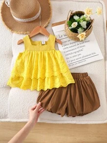 SHEIN 2-Piece Baby Girl Fashion Casual Embroidered Lace Sleeveless Top And Shorts Set Suitable For Spring And Summer, Daily Wear