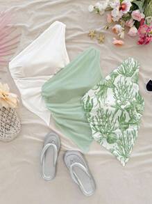 Soleia 3 Set WYWH Women Casual One-Shoulder Crinkle Ruched Asymmetrical Hem Fitted Top, Ocean Animal Print, Blue Print, Pack Of 3 Suitable For Going Out - Multicolor - View 3