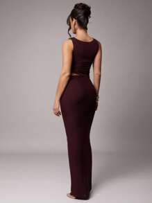 Silquee 女式纯色勃艮第红和酒红色弹力网眼修身紧身背心，带金属扣带装饰，优雅晚间鸡尾酒会、浪漫约会、正式场合、婚礼、伴娘、舞会、万圣节服装、圣诞节、情人节精致背心，背心 - 酒紅色 - 查看 7