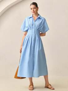 BizChic 2025 Herbst/Winter Neue elegante romantische urbane professionelle Pendler Business Lässig Büromode, geeignet für Hochzeitsgäste, Partys, Konzerte, Brunch, Flughafen, tägliche Mode, vielseitige Schichtung, Hemdkleid für Frauen mit blauem Kragen, Knopfverschluss vorne, Falten an der Taille