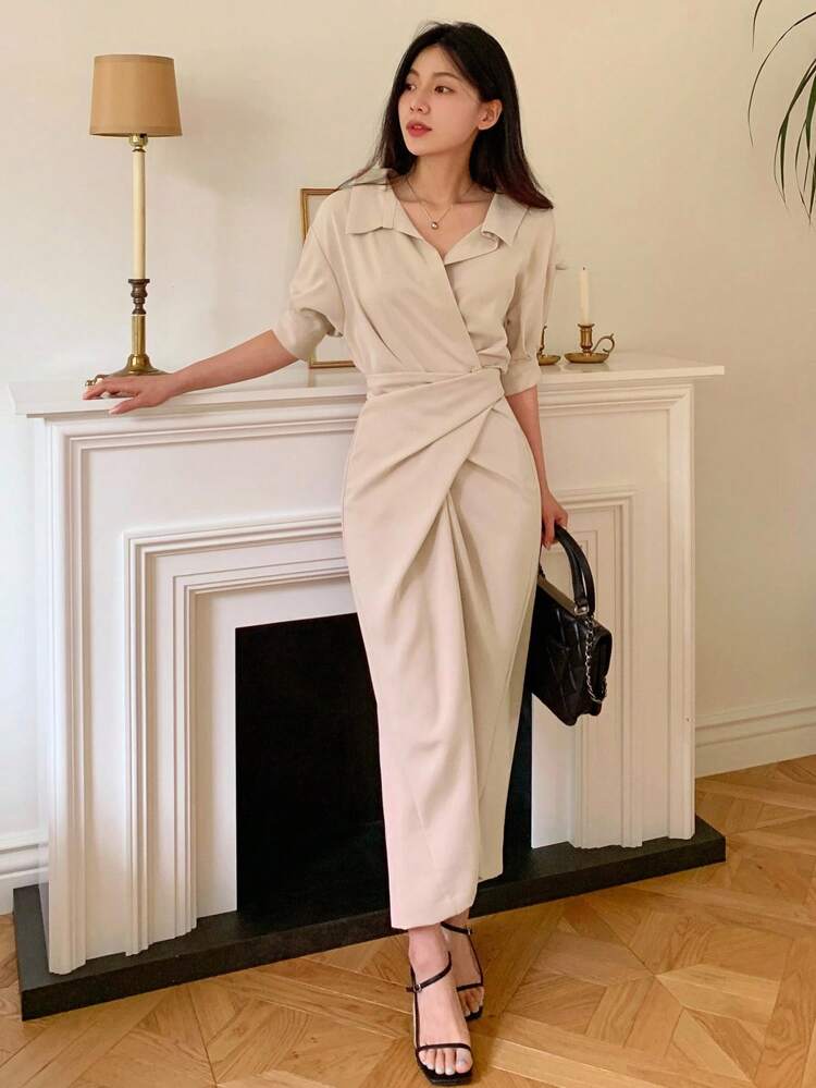 Women's Waist Tie Short Sleeve Mid-Length Shirt Dress Maxi Dress