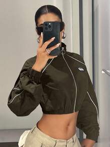 SHEIN ICON 字母拼接细节撞色滚边短款黑色秋装女式夹克 - 軍綠色 - 查看 3