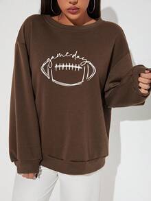 SHEIN EZwear 字母&美式足球圖案落肩袖運動衫不帶襯衫 - 棕色 - 查看 4