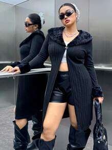 SHEIN EZwear Plus Borg Collar Fuzzy Cuff Coat, For Winter Fall Autumn - Black - View 5