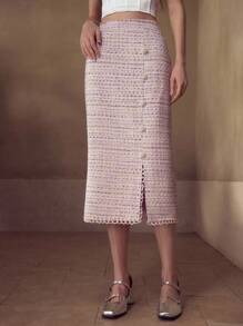 MOTF PREMIUM 粗花呢面料仿珍珠链条开衩优雅休闲日常女裙 - 紫色 - 查看 1