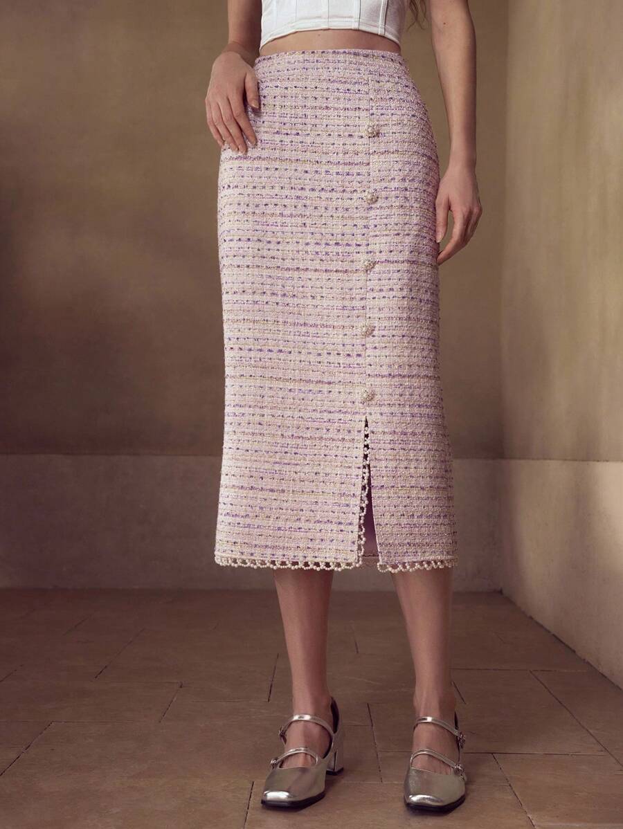 MOTF PREMIUM 粗花呢面料仿珍珠链条开衩优雅休闲日常女裙 - 紫色 - 查看 1