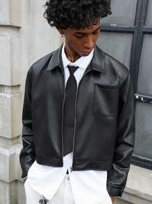 PAVTROS Áo khoác da PU tay dài ngắn có khóa kéo Manfinity Streetrush dành cho nam, Áo khoác da đen nam, Áo khoác da ngắn nam, Áo khoác ngoài da đen, Áo khoác giả da nam, Áo khoác ngắn có khóa kéo, Áo khoác giả da ngắn, Áo khoác phong cách đường phố, Áo khoác bomber giả da nam, Áo khoác ngắn nam, Áo khoác da đen cho nam, Áo da nam, Thu Đông - màu đen - Xem 5