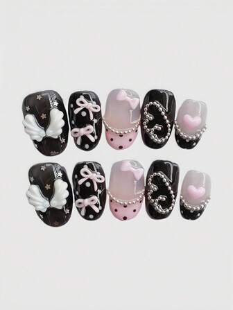 Kawaii 10 piezas Alas de ángel lindas, corazón romántico, lazo estilo bailarina, alas blancas, lunares vintage dorados clásicos, serie rosa, parches de uñas postizas hechas a mano, uso enérgico de chica producido en masa, adecuado para salidas diarias y citas