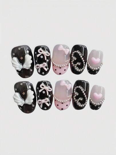 Kawaii 10 Stücke süße Engelflügel, romantisches Herz, Ballerina-Stil Schleife, weiße Flügel, goldene vintage klassische Polka Punkte rosa Serie, handgemachte falsche Nagelpflaster, massenproduzierten energischen Mädchen Tragen, geeignet für tägliche Ausflüge und Dates