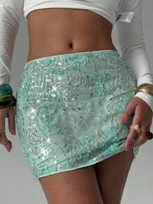 Aloruh Damen Pailletten Dekor Bodycon grüner Minirock - Blau - Übersicht 2