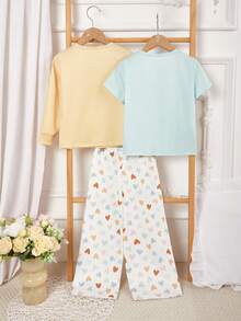 Bộ 3 món đồ mặc nhà in hình thỏ và trái tim dễ thương cho bé gái, áo cổ tròn dài tay + áo tay ngắn + quần - Nhiều màu - Xem 2