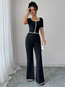 Elenzga 2pcs Women Casual Short Sleeve Top And Pants Set - Black and White - View 5