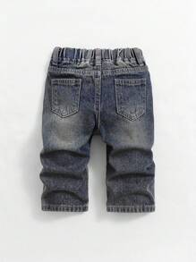 SHEIN Baby/Toddler Boys' Fall And Winter Vintage Distressed Street Style Casual Dark Blue Denim Ripped Frayed Loose Fit Straight Leg Baggy Jeans,Without Top,For Boys Back To School And Streetwear Outfits,Toddler Jeans