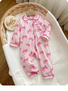SHEIN Newborn Baby Girl Cute Casual Knitted Pink Bow Pattern Long Sleeve Jumpsuit Fall Winter