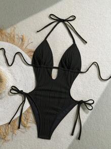 Soleia Women's Olive Green Knitted Jacquard Textured V-Neck Backless Halter One Piece Swimsuit, Suitable For Beach Black One Piece Swimsuit Black Bathing Suit Women Halter Neck Swimsuit - Black - View 6