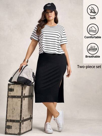 Zelara 大码女式夏季舒适合身海滩度假装 七月四日女式黑白条纹假日装 T 恤休闲装和黑色高腰弹力女士教师装 宽松休闲风格腰裙，侧开衩 波西米亚女装 Chillax 两件套度假装