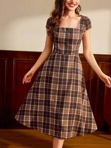 Vintamour Vintage Classic Elegant Women's Dress, Fitted Plaid Dress With Pockets, Square Collar Dress, Flared Hem Midi Dress, Suitable For Summer & Autumn,Elegant Dresses For Women - Coffee Brown - View 4