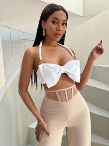 BamGleam Của phụ nữ Quá quắt Nơ & Trân châu Dây đeo vai Áo hai dây - trắng - Xem 6