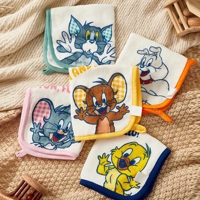 TOM & JERRY X SHEIN 5条/包 卡通图案 柔软舒适的三角巾围兜，多色多用途拍嗝巾