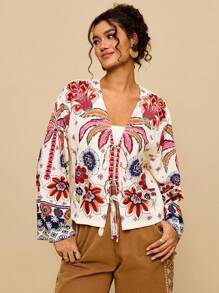 Travachic Áo kiểu dáng rộng rãi, lửng, chất liệu chiffon in họa tiết hình học, họa tiết boho, thích hợp cho nữ, thích hợp mặc đi nghỉ mát, có dây buộc phía trước, dành cho nữ. - Nhiều màu - Xem 5