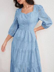 Modelyn 女式长款花卉刺绣泡泡袖方领优雅浪漫连衣裙，春夏 - 藍色 - 查看 7