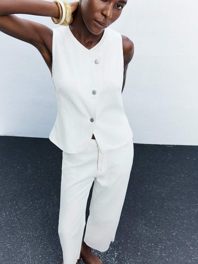 SHEIN Maija Blue V-Neck Single-Breasted Loose Casual Waistcoat Sleeveless Denim Top, Suitable For Spring/Summer, Western Wear For Women, 4th Of July, Saint John, Graduation, Holidays