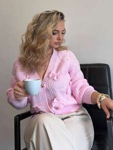 Jeta Ari Áo len cardigan nơ hồng mềm mại cho nữ, áo dài tay - Hồng - Xem 6