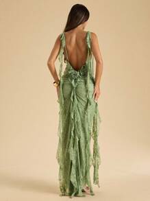 SHEIN BAE 秋季女装女士绿色细肩带露背荷叶边装饰 3D 花卉蕾丝连衣裙，鼠尾草绿色优雅女士蕾丝长裙，优雅节日连衣裙，返校连衣裙，女士婚礼宾客礼服，万圣节服装，女士生日服装 - 綠色 - 查看 2