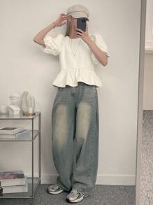 DAZY Women's Casual Solid Color Puff Sleeve Round Neck Tie Back Blouse, Summer