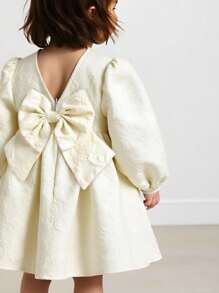 Cozy Pixies Đầm tay đèn lồng họa tiết hoa jacquard trang trí nơ cho bé gái dễ thương - Màu be - Xem 3