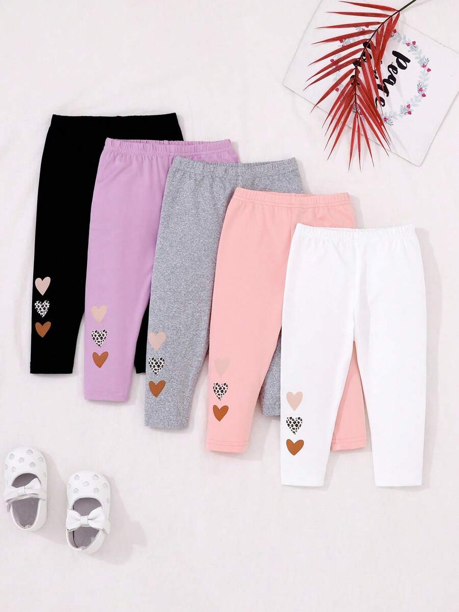 SHEIN Playful Pals 女婴心形印花松紧腰休闲裤 - 彩色 - 查看 1