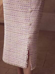 MOTF PREMIUM 粗花呢面料仿珍珠链条开衩优雅休闲日常女裙 - 紫色 - 查看 2