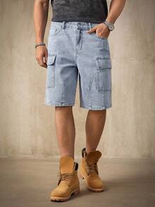 RivetRise 1 件男士休闲多口袋牛仔工装短裤，街头时尚风格，春夏男士浅蓝色牛仔工装短裤，是送给男朋友或丈夫的绝佳礼物。