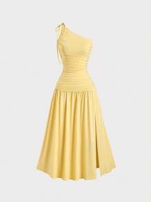 Sweetra 1pc Women's Summer Pale Yellow Asymmetrical Neck Split Maxi Dress - Yellow - View 1