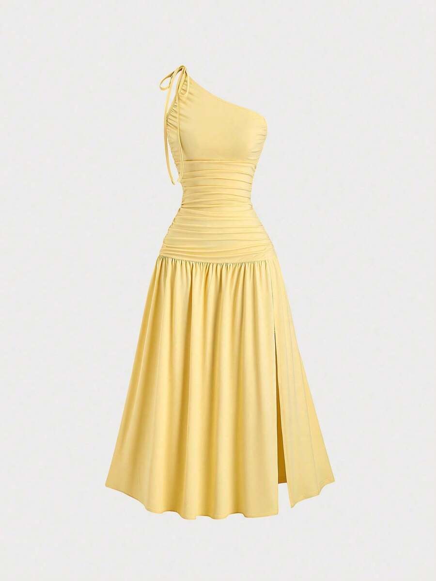 Sweetra 1pc Women's Summer Pale Yellow Asymmetrical Neck Split Maxi Dress - Yellow - View 1