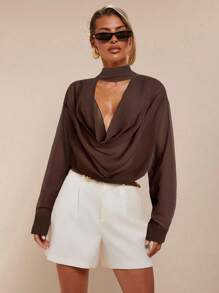 COSMINA Áo cổ khoét sâu màu trơn thanh lịch gợi cảm dành cho nữ, mùa hè - Cà phê nâu - Xem 3