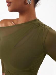Cheerfulab Asymmetrical Keyhole Off-Shoulder Sheer Mesh Bodysuit Women Vacation Spring & Summer Beach - Army Green - View 6