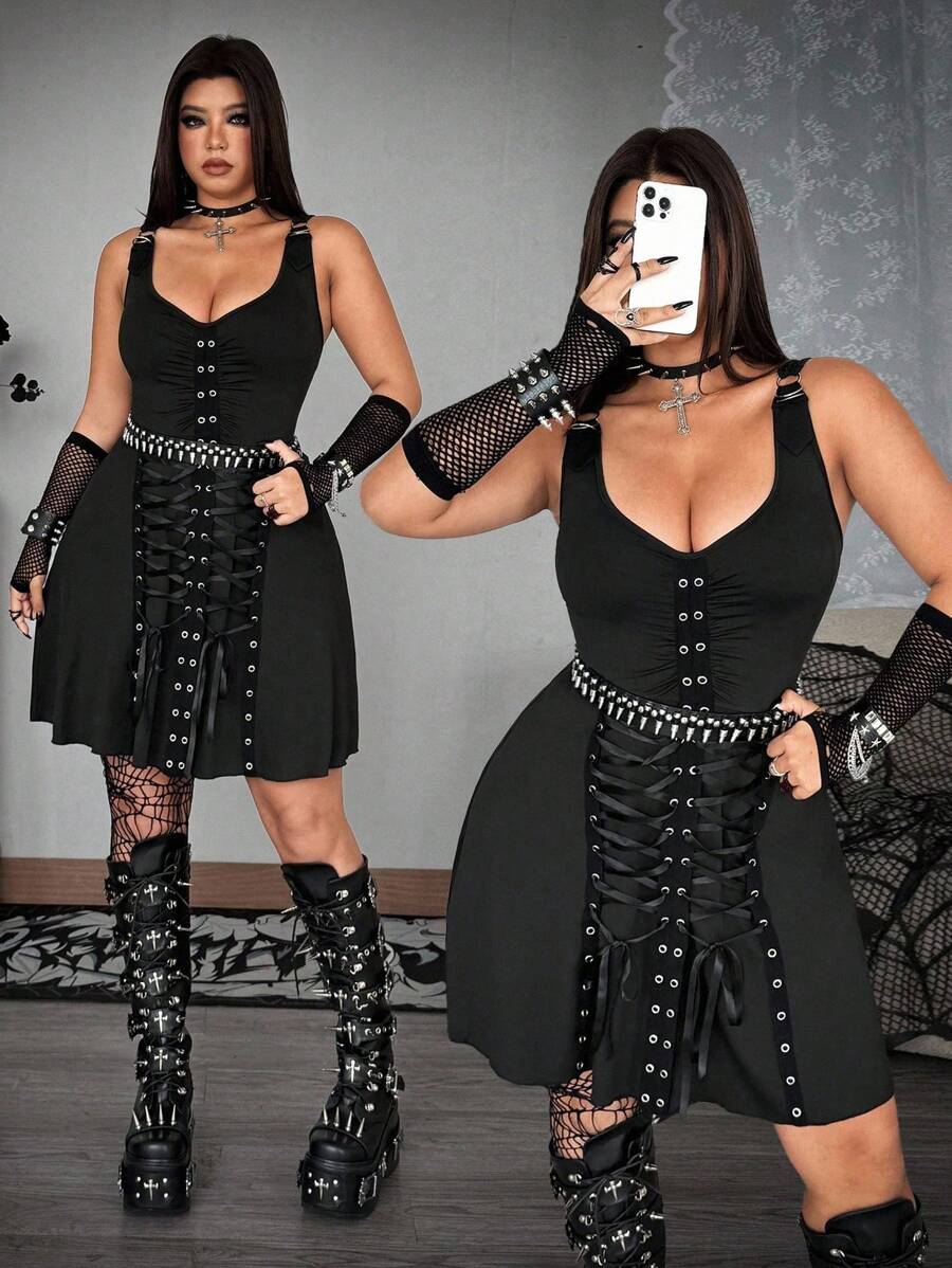 Whyspr Große Größen Grunge Punk Dunkel Punk Ösen Schnürdetail Goth Kleid - Schwarz - Übersicht 1