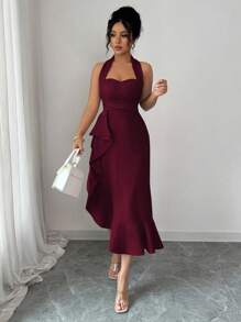 Elenzga 万圣节无袖露背腰荷叶边下摆优雅浪漫女式连衣裙