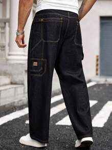 Manfinity Homme Plus Size Men's Street Fashion Casual Multi-Pocket Cargo Black Denim Jeans