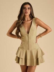 SHEIN BAE Women's Elegant Solid Color Ruffle Hem Sleeveless Mini Dress, Summer,Elegant Dresses For Women - Green - View 4