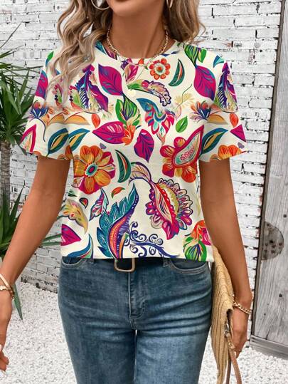 SHEIN LUNE Áo thun tay ngắn cổ tròn họa tiết hoa Bohemian đơn giản, thoải mái, phù hợp cho mùa hè, thích hợp để đi chơi, áo hoa cho nữ, áo nhiều màu sắc cho nữ, áo mùa hè, áo Boho cho nữ, áo cánh mùa hè cho nữ, áo phông họa tiết cho nữ