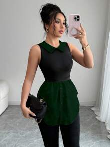 Elenzga 女式时尚无袖网眼拼布领上衣