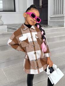 SHEIN SLAYR Young Girl Young Girl Urban Elegant Plaid Jacquard Loose Mid-Length Coat Fall Winter - Red and White - View 6