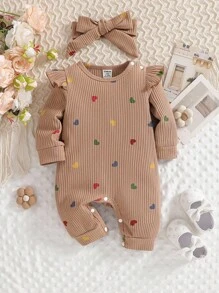 SHEIN 情人节新生儿爱心印花连体衣，舒适针织休闲连体衣，含发带，秋冬季款 - 棕色 - 查看 4