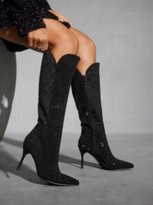 CUCCOO SZL 女士尖头高跟踝靴，黑色天鹅绒面料，水钻装饰，时尚舒适，适合派对夜店，侧拉链