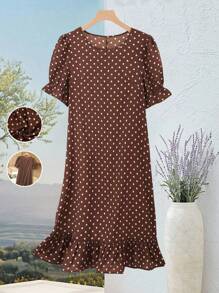 Rusticease Đầm midi tay lỡ in họa tiết chấm bi mùa hè cho nữ - Màu Khaki - Xem 7