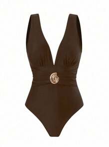 Swim Oasis 1 件大码女式金属装饰纯黑色连体泳衣，休闲夏季沙滩装 - 彩色 - 查看 4