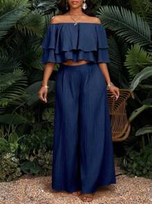 SHEIN Lady Bộ 2 món áo trễ vai bèo nhún màu trơn và quần ống rộng dáng rộng cho nữ - Màu xanh hải quân - Xem 4